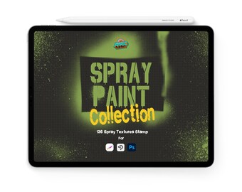 May include: A digital tablet displays a graphic for a spray paint collection. The text reads "SPRAY PAINT Collection" in green and yellow, with "126 Spray Textures Stamp" below. A white stylus rests on top.
