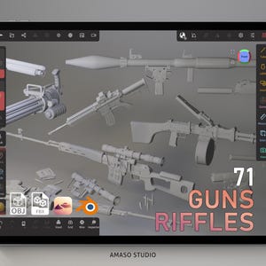 May include: A digital illustration of various firearms, including rifles and machine guns, displayed on a tablet screen. The image features the text "71 GUNS RIFFLES" in a gradient font. The software interface is visible, with icons for OBJ, FBX, and other tools.