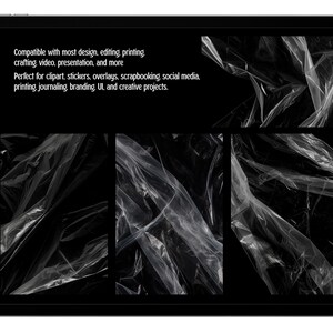 May include: A digital display showing four distinct rectangular panels of crinkled, translucent plastic film textures against a black background. The text reads: Compatible with most design, editing, printing, crafting, video, presentation, and more. Perfect for clipart, stickers, overlays, scrapbooking, social media, printing, journaling, branding, UI, and creative projects.