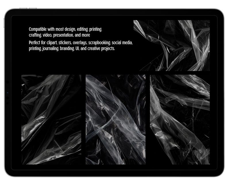 May include: A digital display showing four distinct rectangular panels of crinkled, translucent plastic film textures against a black background. The text reads: Compatible with most design, editing, printing, crafting, video, presentation, and more. Perfect for clipart, stickers, overlays, scrapbooking, social media, printing, journaling, branding, UI, and creative projects.