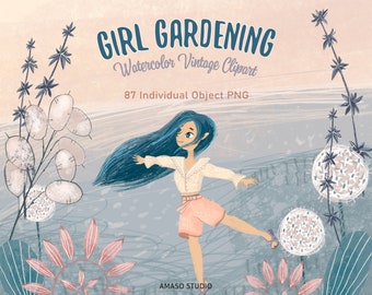 Girl Gardening Watercolor Clipart High Resolution PNGs