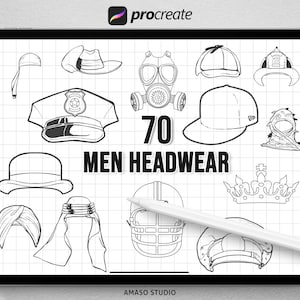 May include: A black and white illustration of 70 different types of headwear for men. The illustrations include a variety of hats, helmets, and other head coverings.