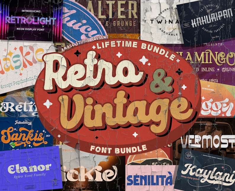 Op de afbeelding: Een collage van kleurrijke, retro-stijl lettertypen met een verweerde, vintage esthetiek. De lettertypen zijn in een chaotisch patroon gerangschikt, waarbij sommige elkaar overlappen en andere gedeeltelijk verborgen zijn. De tekst "Retra & Vintage Font Bundle" wordt prominent in het midden van de afbeelding weergegeven.