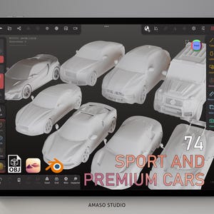 May include: A digital illustration on a tablet showing 3D models of several sport and premium cars. The image includes the text "74 SPORT AND PREMIUM CARS" and the Amaso Studio logo.