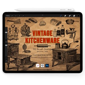 Könnte beinhalten: Ein iPad zeigt ein Vintage-Küchendesign mit Illustrationen antiker Küchenwerkzeuge und -geräte. Der Text "VINTAGE KITCHENWARE" ist prominent dargestellt. Ein weißer Stift und der Text "AMASO STUDIO" sind sichtbar.