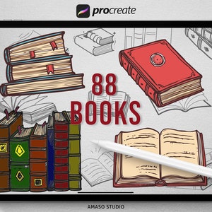 May include: A digital illustration of 88 hand-drawn book designs in various styles. The books are in different colors and have different details, such as leather covers, spines, and pages. The illustration is on a white background with the text "88 BOOKS" in red.