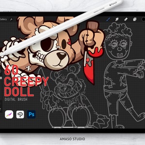 Puede incluir: Una ilustración digital de un conjunto de 60 pinceles digitales de muñecas espeluznantes. La imagen muestra un fondo negro con tres muñecas espeluznantes diferentes, incluyendo un oso de peluche sosteniendo un cuchillo ensangrentado, una muñeca con aspecto de zombie y una muñeca con una cara de calavera. El texto "60 CREEPY DOLL DIGITAL BRUSH" se muestra en rojo y blanco.