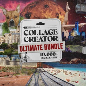 May include: A surreal collage featuring a dog, a planet, a cityscape, and a beach scene. The central element is a product label that reads "COLLAGE CREATOR ULTIMATE BUNDLE" with "10,000+ PNG ELEMENT" text. The image has a vintage, retro aesthetic.