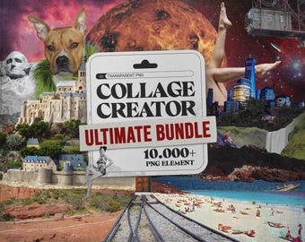 May include: A surreal collage featuring a dog, a planet, a cityscape, and a beach scene. The central element is a product label that reads "COLLAGE CREATOR ULTIMATE BUNDLE" with "10,000+ PNG ELEMENT" text. The image has a vintage, retro aesthetic.