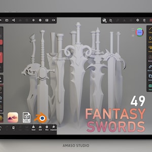 May include: A digital illustration of 49 fantasy swords, rendered in a 3D modelling program. The swords are white and are displayed on a grey background. The text "49 FANTASY SWORDS" is displayed in pink and orange at the bottom of the image.