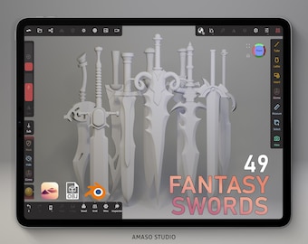 May include: A digital illustration of 49 fantasy swords, rendered in a 3D modeling program. The swords are white and are displayed on a gray background. The text "49 FANTASY SWORDS" is displayed in pink and orange at the bottom of the image.