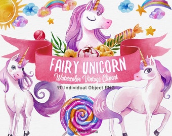 Fairy Unicorn Watercolor Clipart High Resolution PNGs