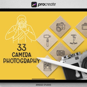May include: A yellow digital tablet screen with the text "33 CAMERA PHOTOGRAPHY" and a white outline drawing of a person holding a camera. The screen also has several icons of different types of cameras, including a DSLR, a film camera, a video camera, and a tripod. The tablet is on a white surface.