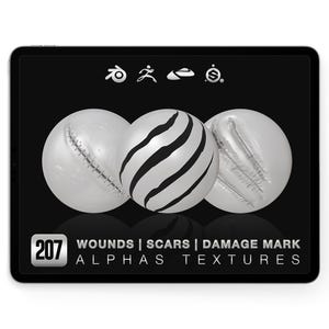 May include: A digital display shows three white spheres with textures of wounds, scars, and damage marks. The center sphere has black stripes. The text reads "207 Wounds | Scars | Damage Mark Alphas Textures."