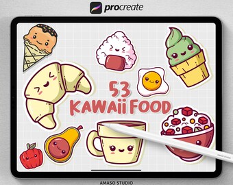 53 Kawaii Food Procreate Stamps, Vector Illustration (Digital Download)