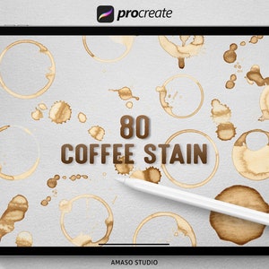 Può includere: Un'illustrazione digitale di 80 macchie di caffè su uno sfondo bianco. Le macchie sono di varie forme e dimensioni, tra cui cerchi, ovali e forme irregolari. Le macchie sono di colore marrone chiaro e hanno un aspetto leggermente testurizzato. Il testo "80 COFFEE STAIN" è al centro dell'immagine.