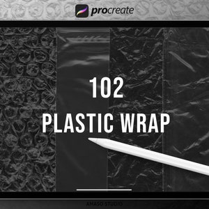 Op de afbeelding: Een digitale illustratie van 102 verschillende plasticfolietexturen voor gebruik in digitale kunst en ontwerp. De texturen worden weergegeven op een tabletscherm met een stylus die op het scherm ligt.