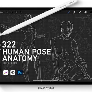 May include: A digital illustration of 322 human poses for anatomy study. The poses are drawn in white lines on a black background with a grid pattern. The text "322 HUMAN POSE ANATOMY" is displayed in white at the top of the image. The text "DIGITAL BRUSH" is displayed in white below the title. The image is displayed on a tablet screen.