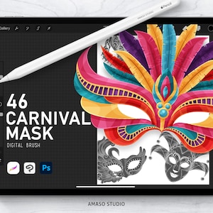 Carnival Mask Brushes Stamp fo Procreate, Photoshop and Clip Studio Paint, Mardi Gras Illustration Mask