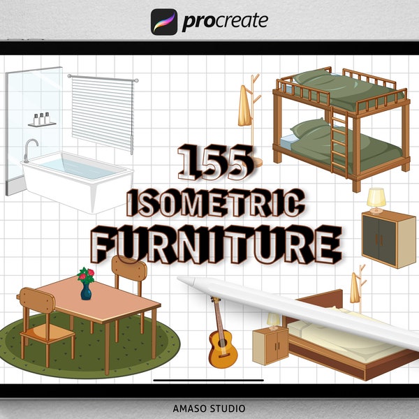 Furniture Isometric Procreate Stamp, Isometric Vector Illustration For Procreate