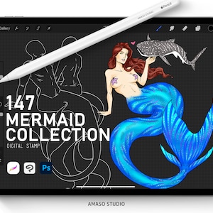 May include: A digital illustration of a mermaid with long red hair, a blue tail with glitter, and a pink seashell bra. The mermaid is holding a small, spotted shark. The image is labeled "147 MERMAID COLLECTION DIGITAL STAMP".