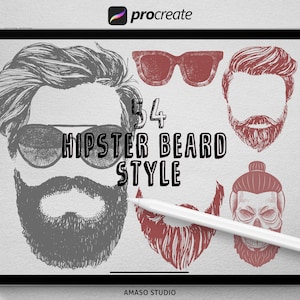 Könnte beinhalten: Eine digitale Illustration von 54 verschiedenen Hipster-Bartstilen für die Verwendung in Procreate. Die Stile sind in Schwarzweiß und Rot gezeichnet.