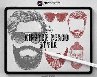 May include: A digital illustration of 54 different hipster beard styles for use in Procreate. The styles are drawn in black and white and red.