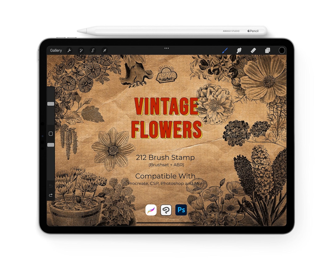 Vintage Flowers Stamp Brush for Procreate | Retro Floral Illustration ...