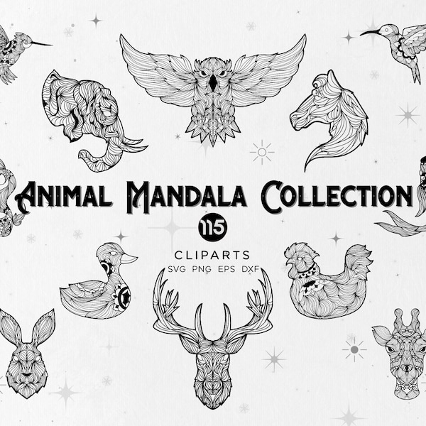 115 Animal Mandala SVG Clipart, Clipart animaux de géométrie, meilleurs fichiers de coupe SVG Mandala