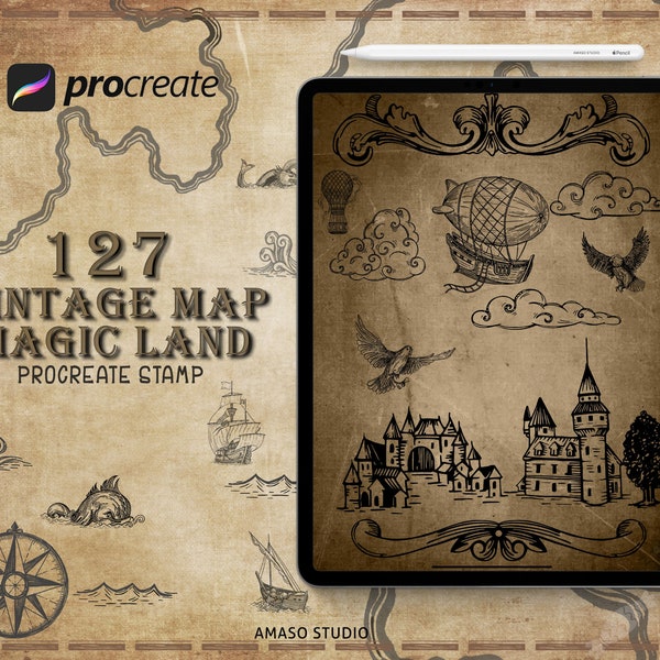 127 Vintage Map Magical Island Procreate Brush, Treasure Map Illustration Brushes