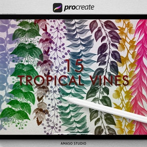 May include: A digital illustration of 15 tropical vines in various colors and styles. The vines are arranged in a vertical row on a white background. The text "15 Tropical Vines" is displayed in red letters on the image.