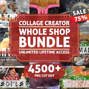 May include: A collage creator bundle with unlimited lifetime access to over 4,500 PNG cutouts. The bundle includes 1,000+ people, 450+ flowers and plants, and 750+ animals. The image features a red background with white text and a sale banner with 75% off.