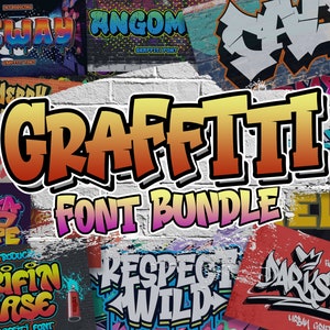 May include: A collection of colorful graffiti font bundles. The fonts are stylized in a bold, street art style. The text reads "GRAFFITI FONT BUNDLE".