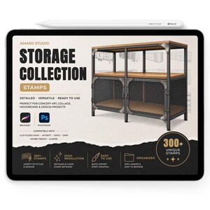 May include: A digital tablet displaying a graphic for Amaso Studio Storage Collection stamps. The screen shows a metal and wood storage unit illustration, software compatibility icons, and text detailing 300+ unique stamps for design projects.