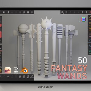 以下が含まれることがあります： 3Dでレンダリングされた50本のファンタジーな魔法の杖のコレクションを表示するデジタル画面。杖はさまざまな素材で作られており、スパイク、オーブ、複雑な彫刻など、さまざまなデザインがあります。画面には「50 FANTASY WANDS」というテキストが表示されています。