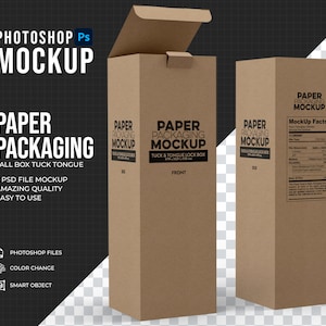 Maqueta de lengua de caja alta de embalaje de papel, maqueta de Photoshop súper fácil de editar