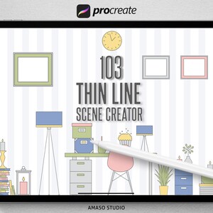 Può includere: Un'illustrazione digitale di una scena di ufficio domestico con 103 icone di linea sottile. La scena include una scrivania, una sedia, piante, libri e altri articoli da ufficio. Il testo "103 Thin Line Scene Creator" è visualizzato al centro dell'immagine.