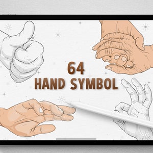 Puede incluir: Una ilustración digital de 64 símbolos de mano sobre un fondo blanco con un texto superpuesto en marrón que dice "64 HAND SYMBOL".