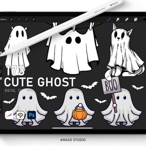 May include: A digital illustration of cute ghosts in various poses. The ghosts are white and have black eyes. One ghost is holding a sign that says "BOO".