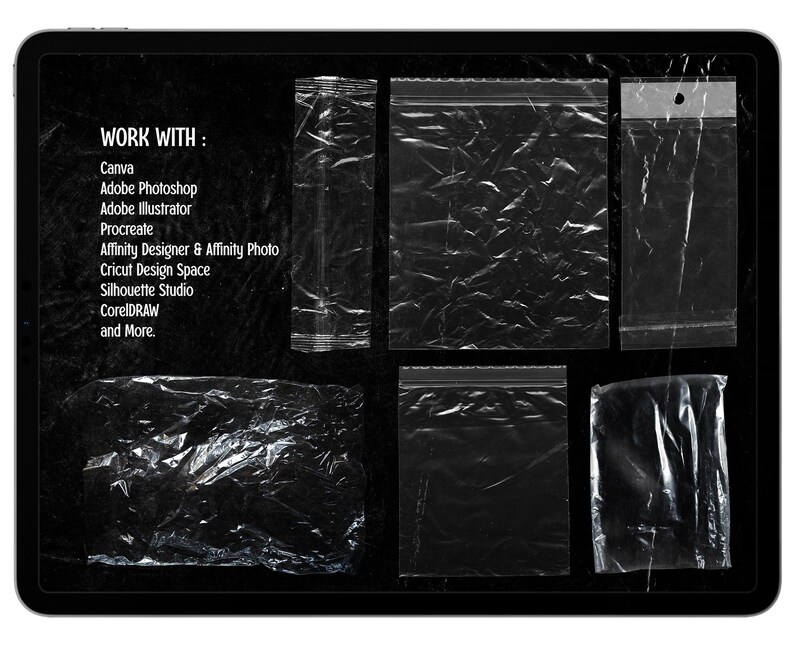 May include: A collection of six transparent, crinkled plastic bag textures arranged on a black background. The text reads: WORK WITH: Canva, Adobe Photoshop, Adobe Illustrator, Procreate, Affinity Designer & Affinity Photo, Cricut Design Space, Silhouette Studio, CorelDRAW and More.