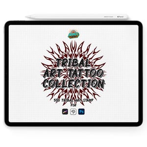 May include: A digital tablet displays the text "TRIBAL ART TATTOO COLLECTION" in a stylized font, surrounded by a tribal design. The text "580 TRIBAL ART STAMP FOR" is also visible. A stylus rests on top of the tablet.