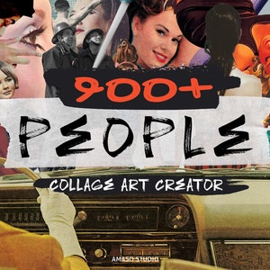 May include: A collage art creator with 900+ people. The image shows a vintage car interior with a woman's hand on the steering wheel. The text "900+ PEOPLE COLLAGE ART CREATOR" is in black and white with a red outline.