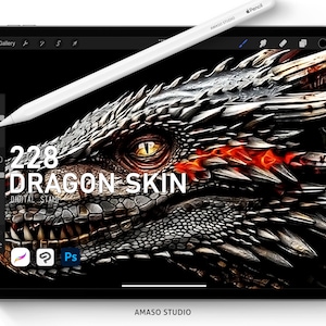 May include: A digital illustration of a dragon's head with a fiery orange and red glow on a black background. The text "228 DRAGON SKIN DIGITAL STAMP" is displayed on the image. The image is displayed on a tablet screen with a stylus hovering above it.