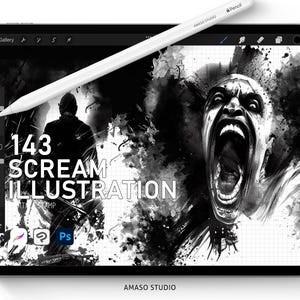 Puede incluir: Una ilustración digital en blanco y negro de una persona gritando con un fondo blanco y negro. El texto "143 SCREAM ILLUSTRATION" es visible en la imagen.