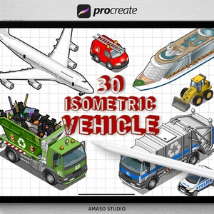 Puede incluir: Una ilustración digital de 30 vehículos isométricos, incluyendo un avión, un crucero, un camión de bomberos, un camión de basura, una excavadora y un coche de policía. La ilustración está sobre un fondo de cuadrícula blanca con el texto "30 ISOMETRIC VEHICLE" en rojo.