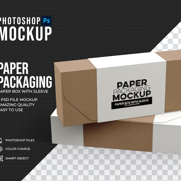 Paper Packaging box with sleeve Mockup, Photoshop Mockup super easy Editable