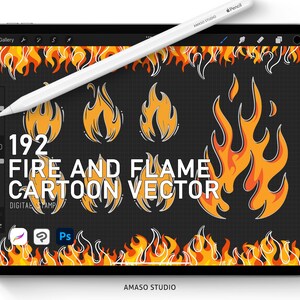May include: A digital illustration set of 192 fire and flame cartoon vector graphics. The set includes various styles of flames in orange, yellow, and red. The text "192 FIRE AND FLAME CARTOON VECTOR" is displayed on a black background.