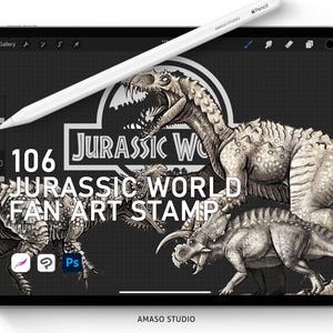 May include: A digital illustration of a Jurassic World fan art stamp featuring a black and white drawing of a dinosaur with the text "106 JURASSIC WORLD FAN ART STAMP" on a black background.