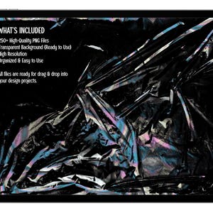 May include: A digital tablet screen displaying a collection of 250+ high-quality PNG files with transparent backgrounds. The graphic features abstract, crinkled black textures with iridescent, holographic light reflections throughout the surface.