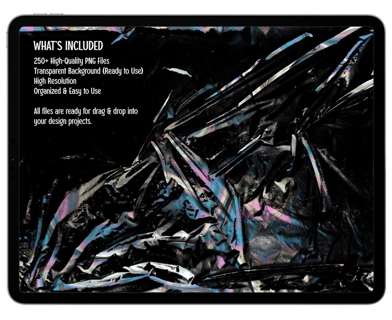 May include: A digital tablet screen displaying a collection of 250+ high-quality PNG files with transparent backgrounds. The graphic features abstract, crinkled black textures with iridescent, holographic light reflections throughout the surface.